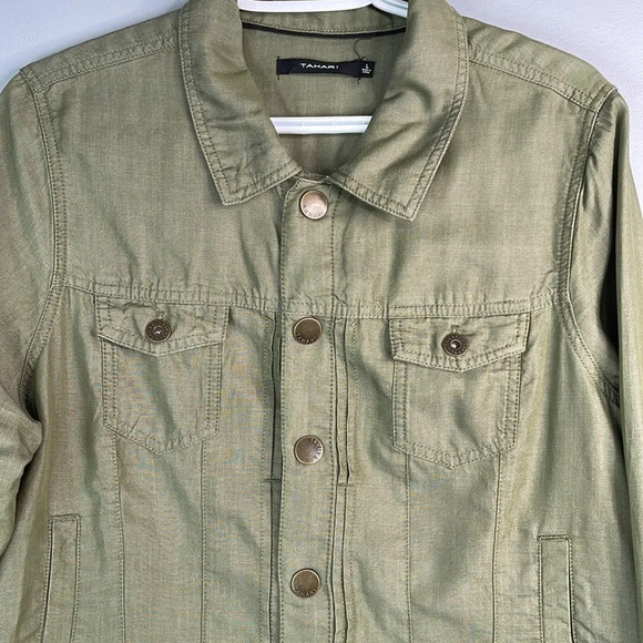 TAHARI Olive Green Lyocell Utility Jacket Button Snap Closure Lightweight Size L - Picture 3 of 14